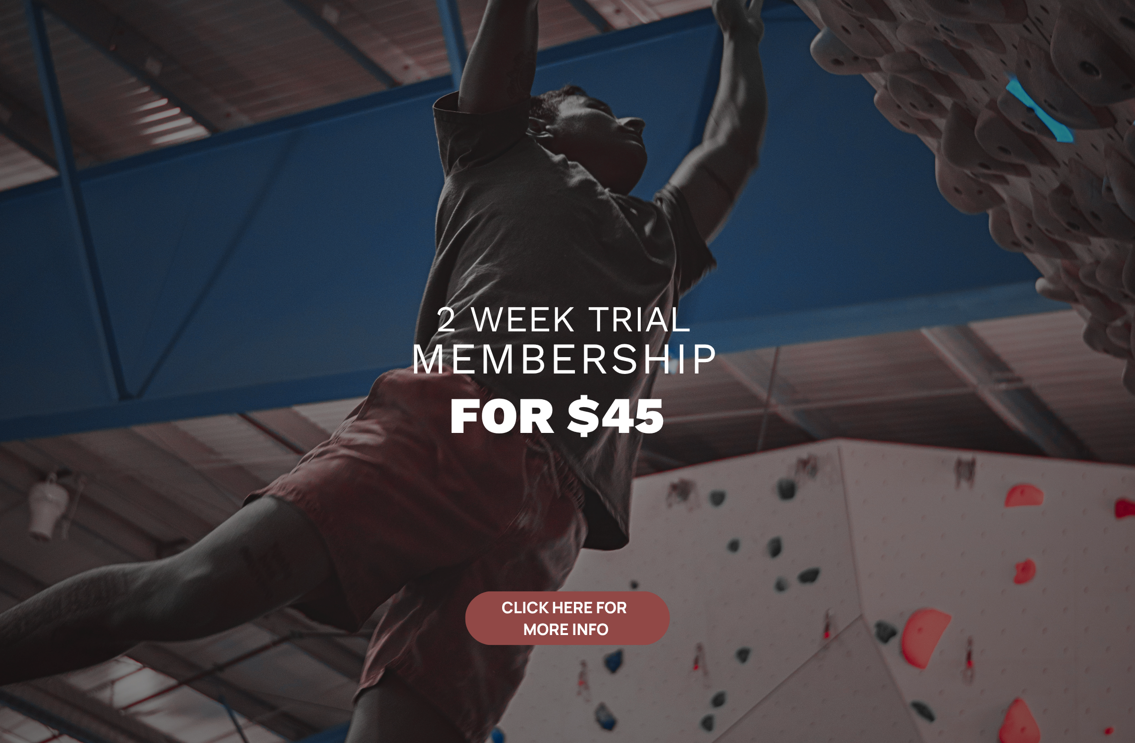 A person climbs indoors on a rock wall. Overlaid text reads: 2 week trial membership for $45. Below is a red button labeled Click here for more info. The background shows gym walls and climbing holds.