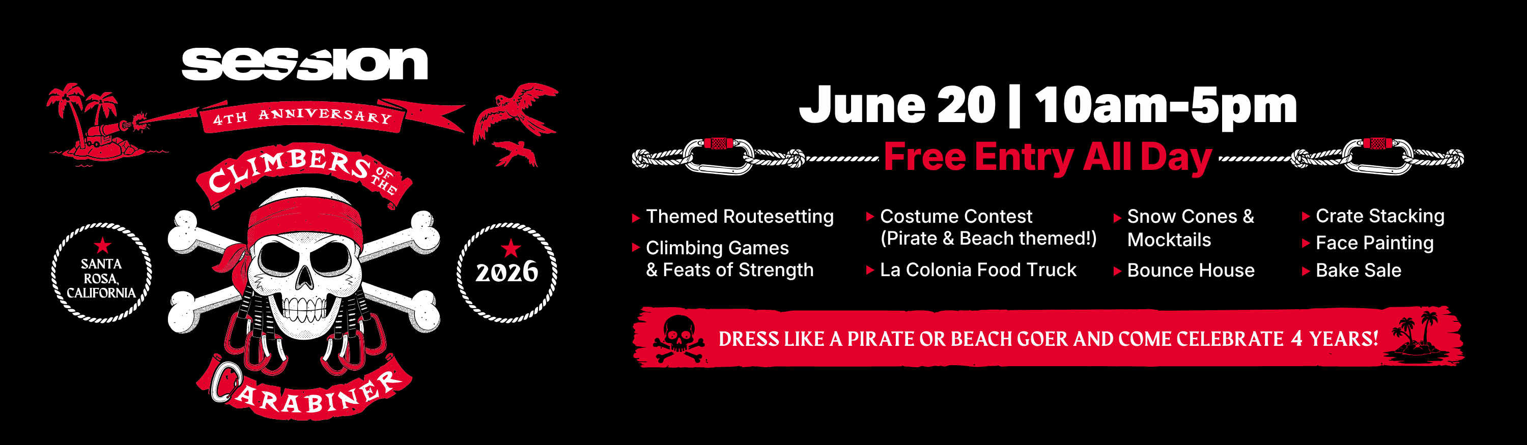 A pirate-themed event banner for Climbers & Carabiner 4th anniversary in Santa Ana, CA, on June 20, 10am–5pm. Includes activities, food, costume contest, and free entry. Pirate skull logo and event details shown.